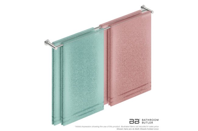 Double Towel Bar 1100mm 4688 with artists impression of four single folded bath sheets - Bathroom Butler