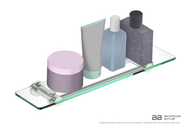 Glass Shelf 500mm 4825 showing artists impression of shampoo bottles