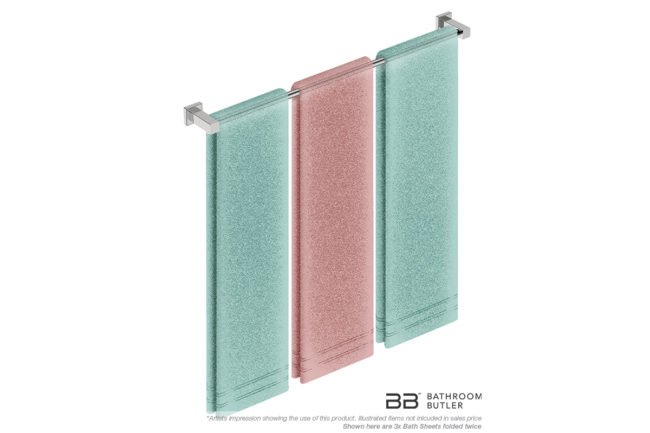 Single Towel Bar 800mm 8575 with artists impression of three double folded bath sheets - Bathroom Butler