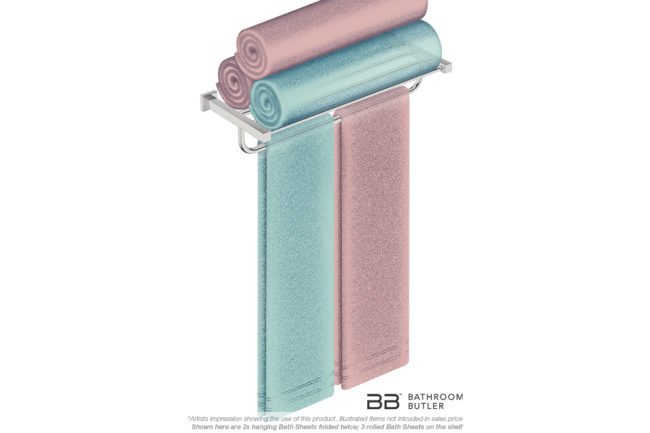 Towel Shelf and Hang Bar 650mm 8593 with artists impression of five bath sheets - Bathroom Butler