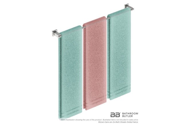 Single Towel Bar 800mm 8675 with artists impression of three double folded bath sheets - Bathroom Butler