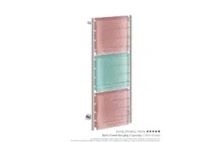 Natural 12 Bar 500mm Heated Towel Rack Straight with TDC Timer showing artists impression with three folded bath sheets - Bathroom Butler