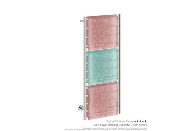 Natural 12 Bar 500mm Heated Towel Rack Straight with TDC Timer showing artists impression with three folded bath sheets - Bathroom Butler