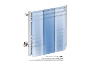 Natural 7 Bar 650mm Heated Towel Rack Straight with PTSelect Switch showing artists impression of three bath towels folded twice on the short side - Bathroom Butler