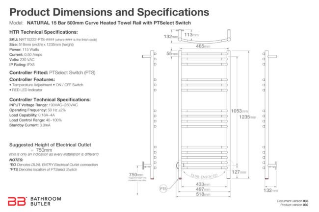 Specifications and Dimensions for NATURAL 15 Bar 500mm-CRV-PTS