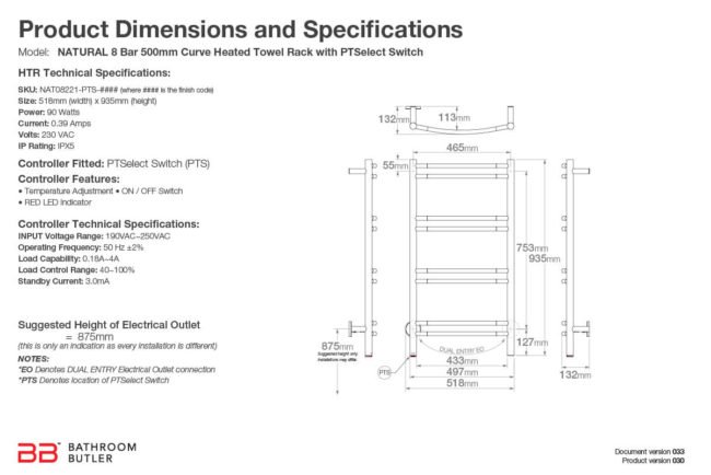 Specifications and Dimensions for NATURAL 8 Bar 500mm-CRV-PTS